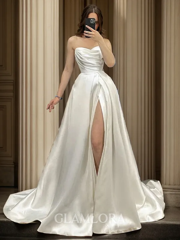 A-line Trendy Straight Court Train Satin Wedding Dress With Slit