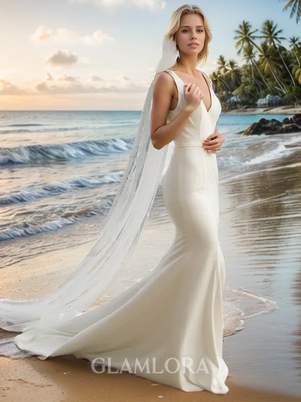 Sheath/Column Unique V-neck Court Train Stretch Crepe Wedding Dress