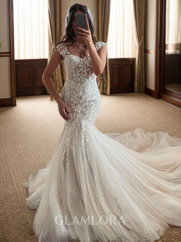 Glamorous Trumpet/Mermaid Straps Cathedral Train Tulle Corset Wedding Dress With Appliques Lace