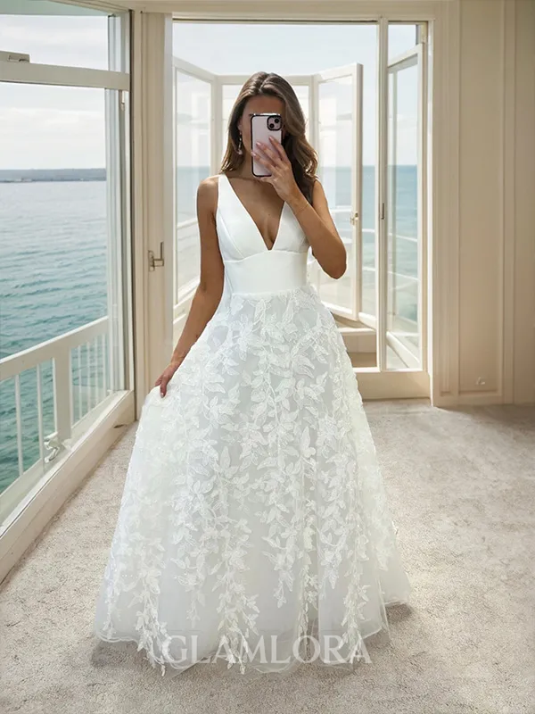 A-line Breathtaking V-neck Floor-Length Stretch Crepe Wedding Dress With Appliques Lace