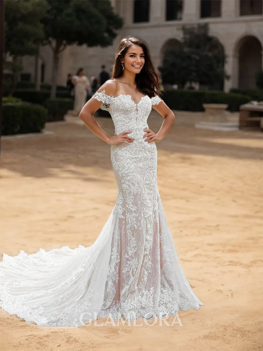Sheath/Column Unique Off-the-Shoulder Lace Chapel Train Wedding Dress With Appliques Lace