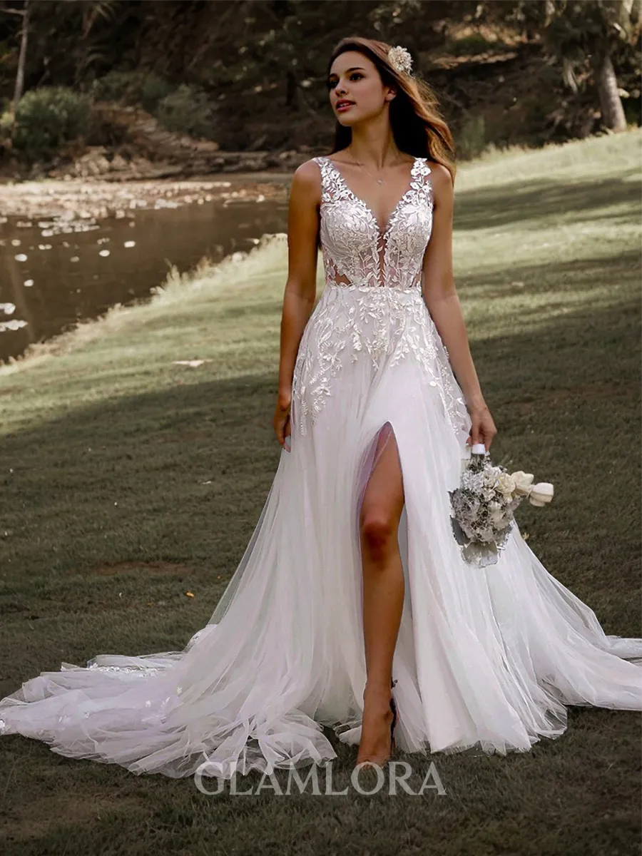 Elegant A-line V-neck Tulle Chapel Train Wedding Dress With Slit