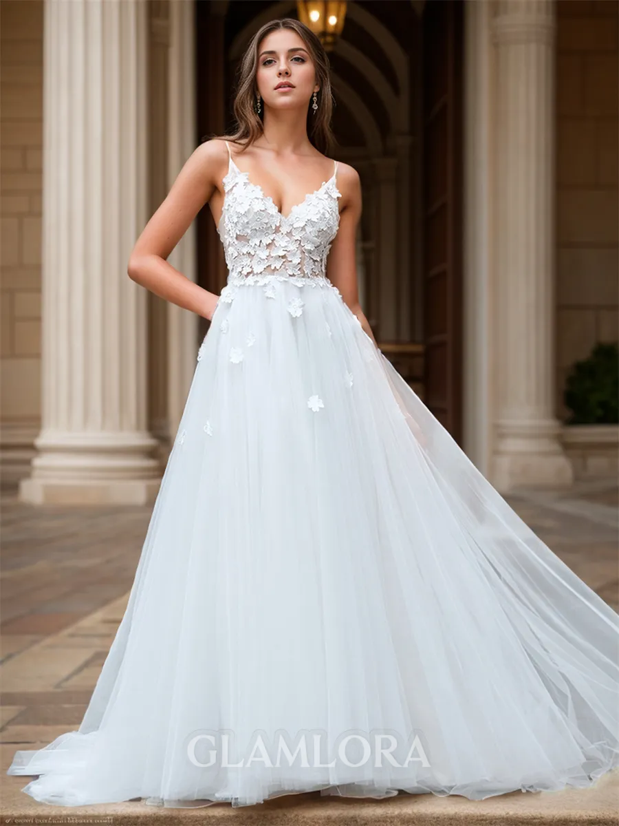 Elegant A-line V-neck Sweep Train Tulle Wedding Dress With Appliques Lace