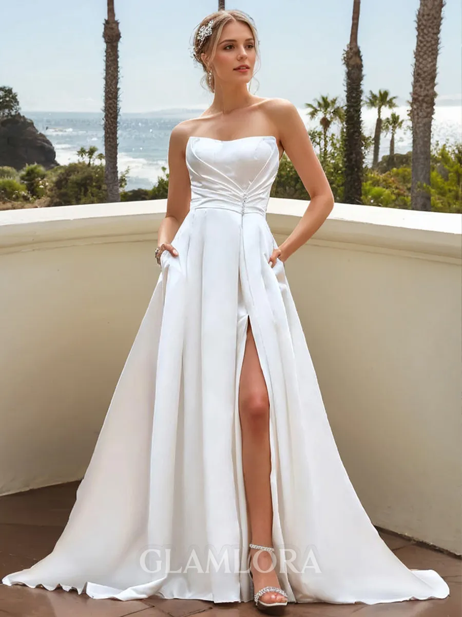 A-line Charming Straight Court Train Satin Wedding Dress With Pockets