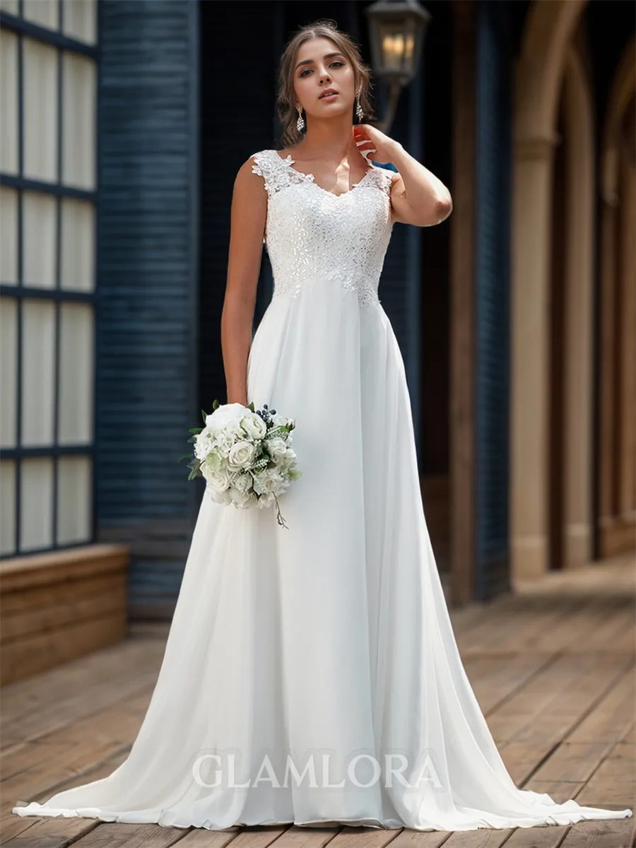 A-line Stunning V-neck Sweep Train Chiffon Wedding Dress With Appliques Lace