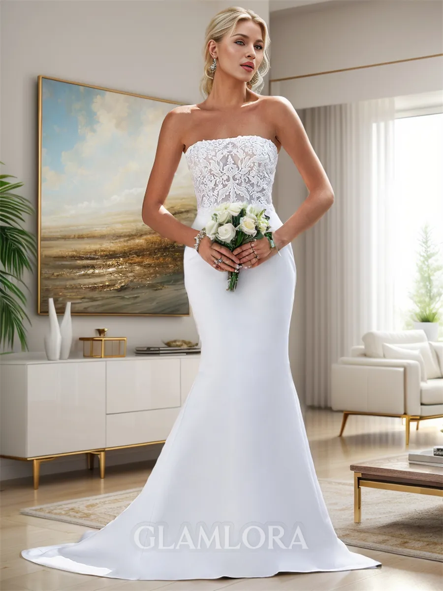 Dreamy Sheath/Column Straight Sweep Train Satin Wedding Dress With Appliques Lace
