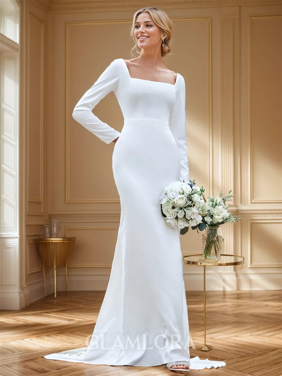 Trendy Sheath/Column Square Long Sleeves Sweep Train Charmeuse Wedding Dress