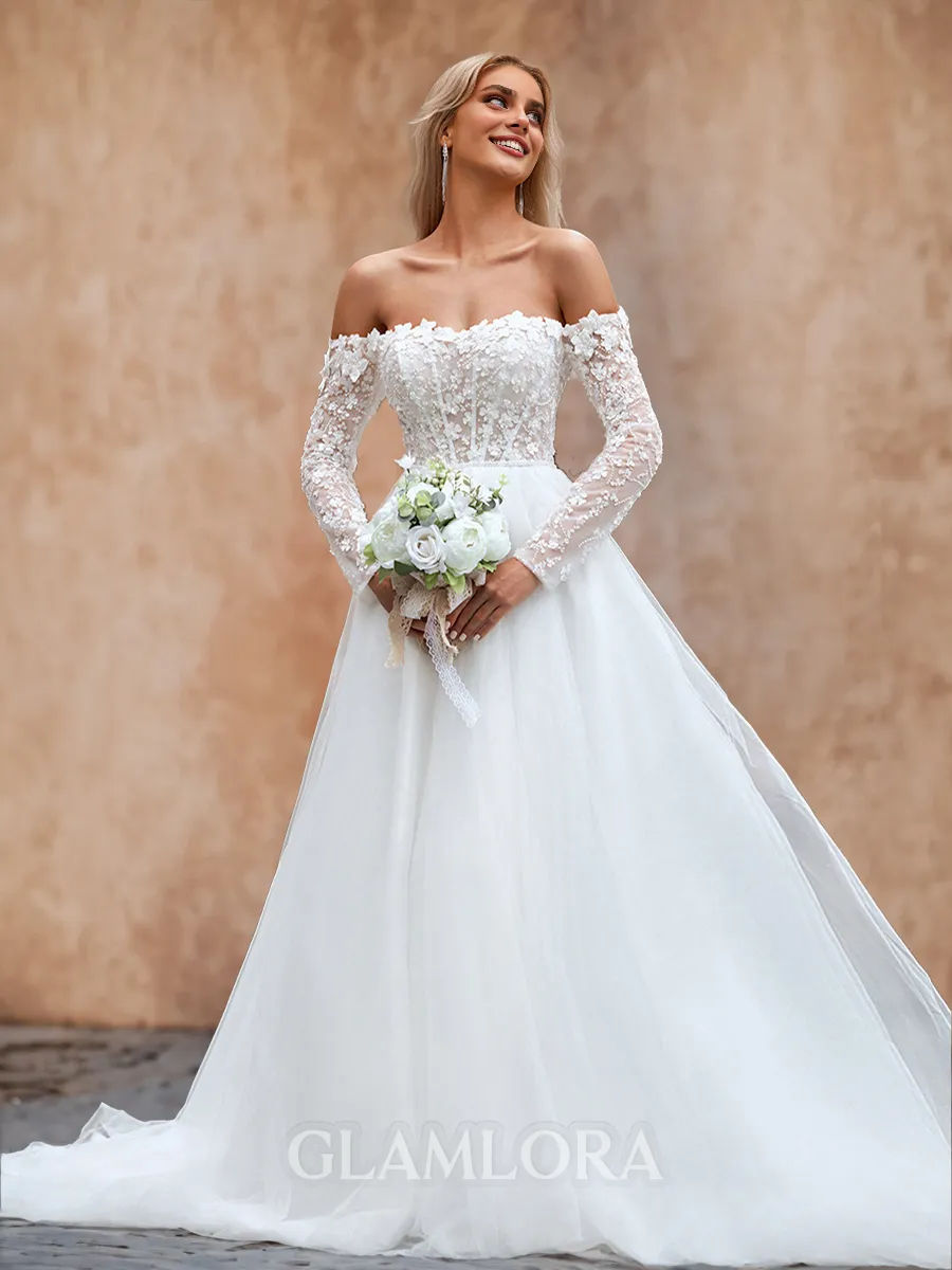 A-line Trendy Off-the-Shoulder Long Sleeves Chapel Train Tulle Corset Wedding Dress With Appliques Lace