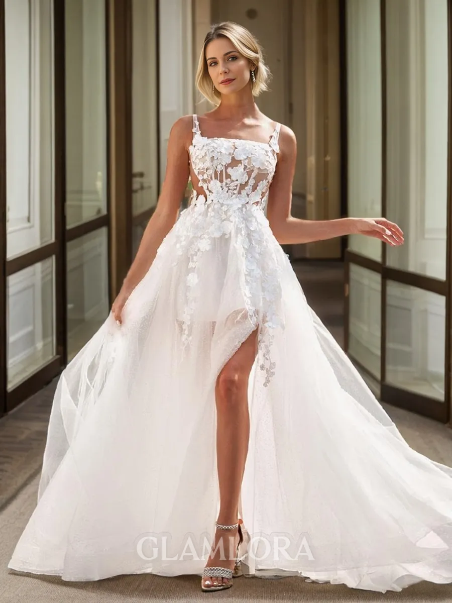 Glam A-line Square Court Train Tulle Corset Wedding Dress With Slit