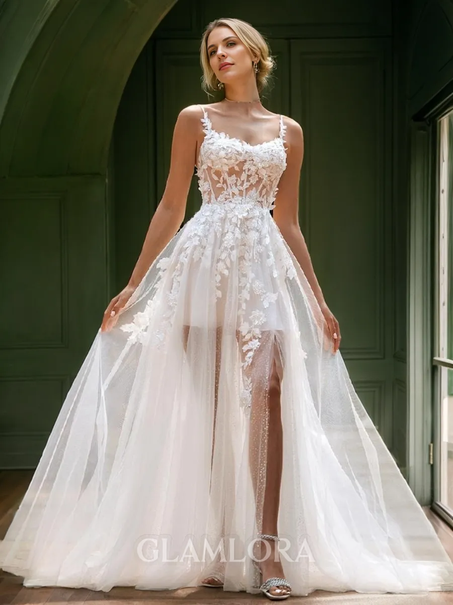 A-line Delicate Spaghetti Straps Court Train Tulle Corset Wedding Dress With Slit