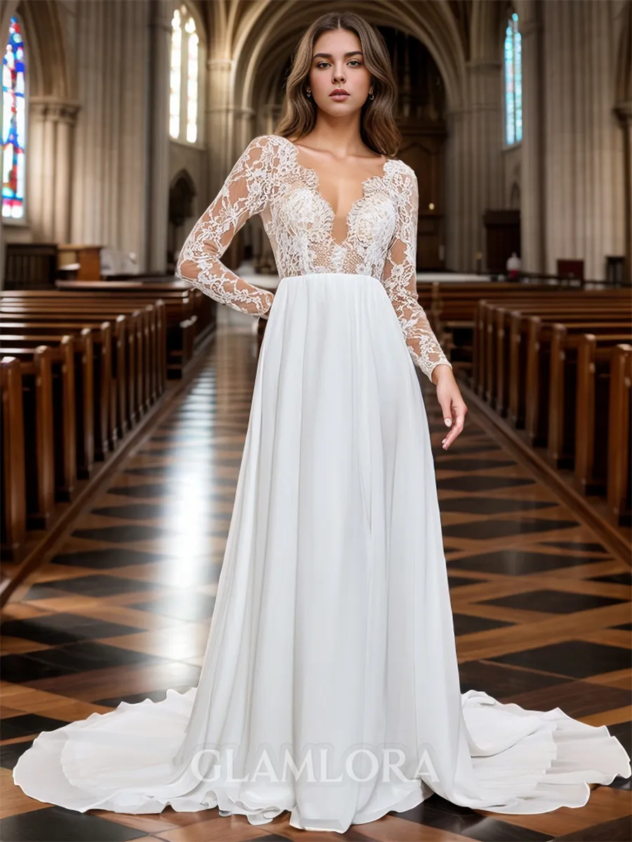 Exquisite A-line Scoop Long Sleeves Court Train Chiffon Wedding Dress With Appliques Lace