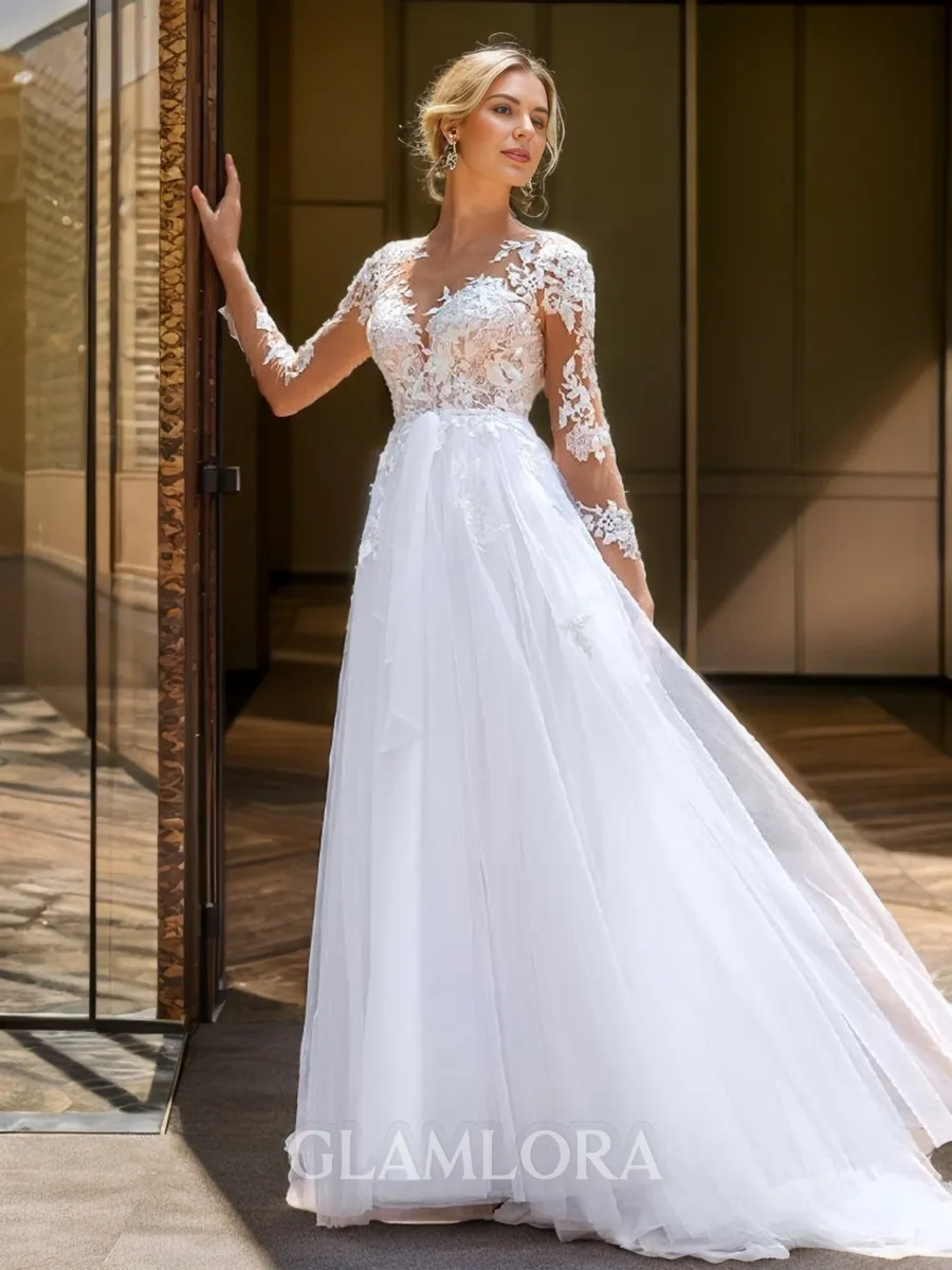 Graceful A-line Scoop Long Sleeves Court Train Tulle Wedding Dress With Appliques Lace