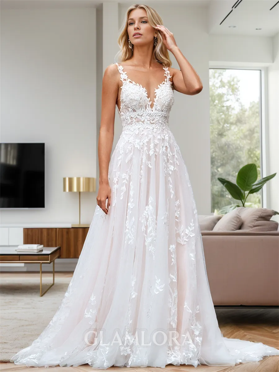 Simple A-line Scoop Sweep Train Tulle Wedding Dress With Appliques Lace