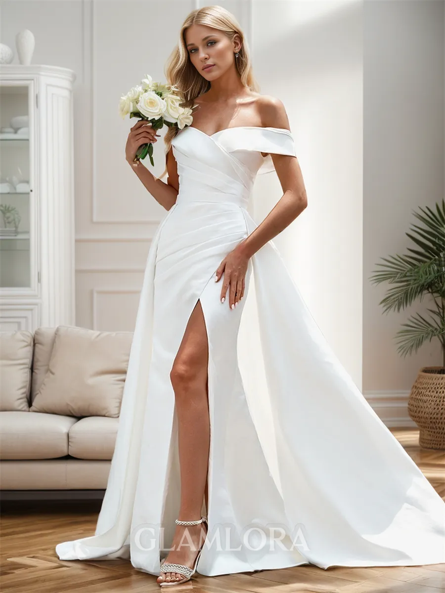 Sheath/Column Chic Off-the-Shoulder Chapel Train Satin Wedding Dress With Detachable Train