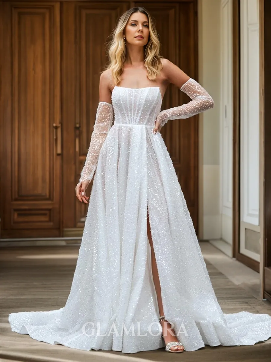 Feminine A-line Straight Long Sleeves Chapel Train Corset Wedding Dress With Slit