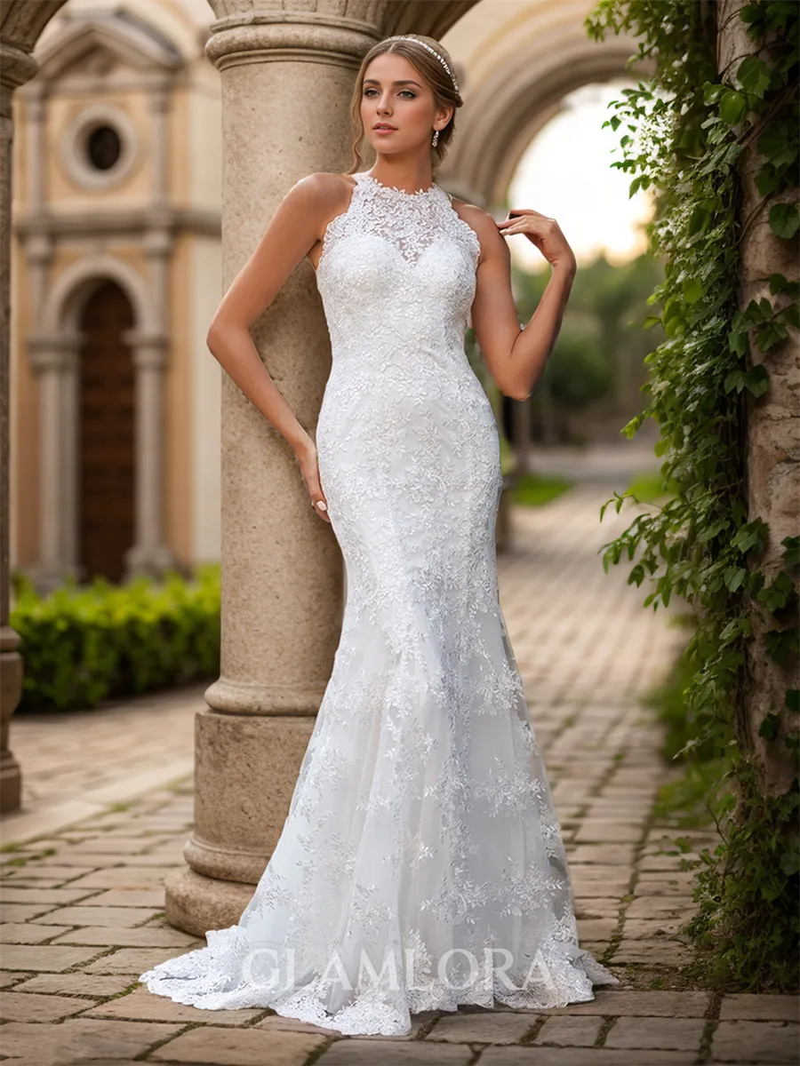 Sheath/Column Dreamy Scoop Sweep Train Lace Wedding Dress