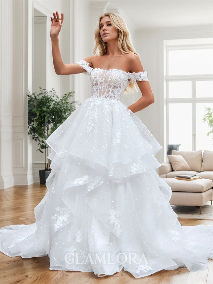 A-line Stunning Off-the-Shoulder Court Train Tulle Corset Wedding Dress With Appliques Lace