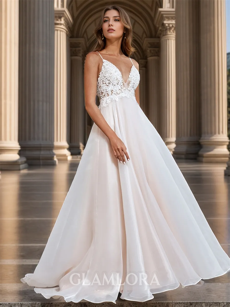 A-line Trendy V-neck Court Train Organza Wedding Dress With Appliques Lace