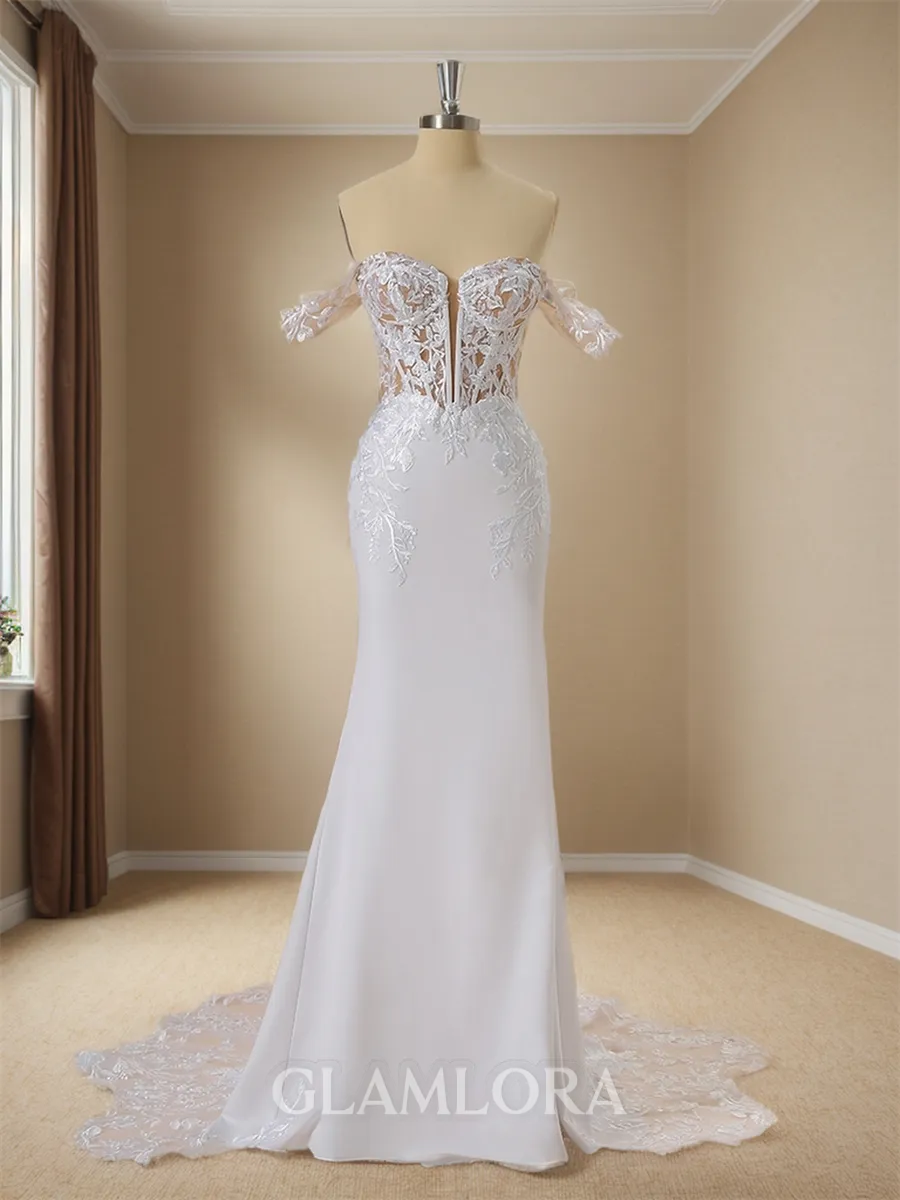 Fashion Sheath/Column Off-the-Shoulder Stretch Crepe Cathedral Train Corset Wedding Dress With Appliques Lace