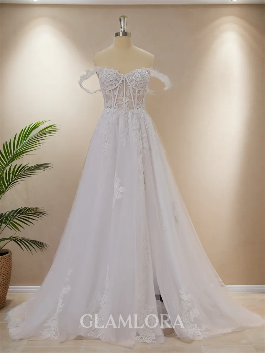 Exquisite A-line Off-the-Shoulder Tulle Cathedral Train Corset Wedding Dress With Slit