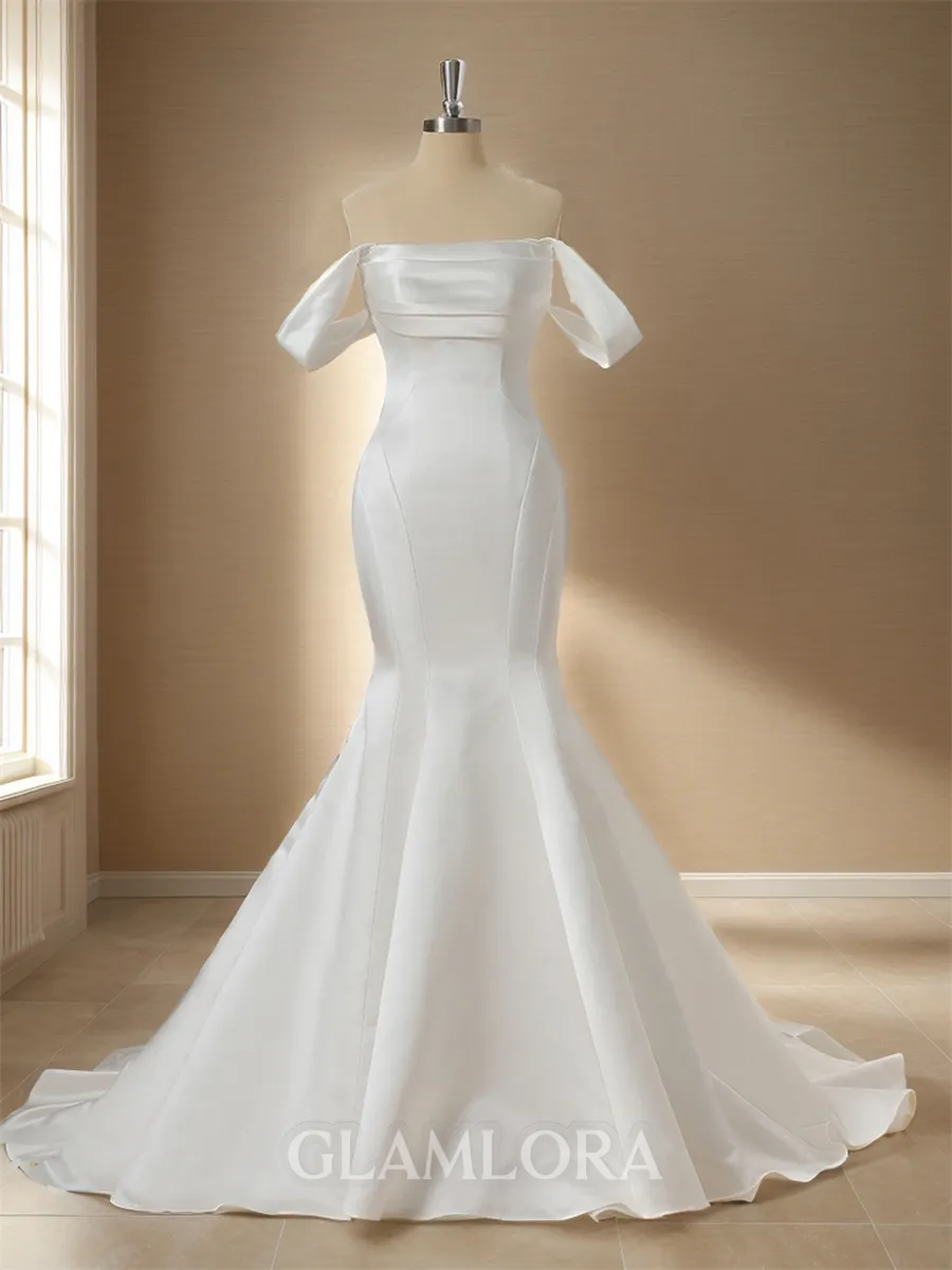 Elegant Trumpet/Mermaid Off-the-Shoulder Satin Chapel Train Convertible Wedding Dress With Pleated