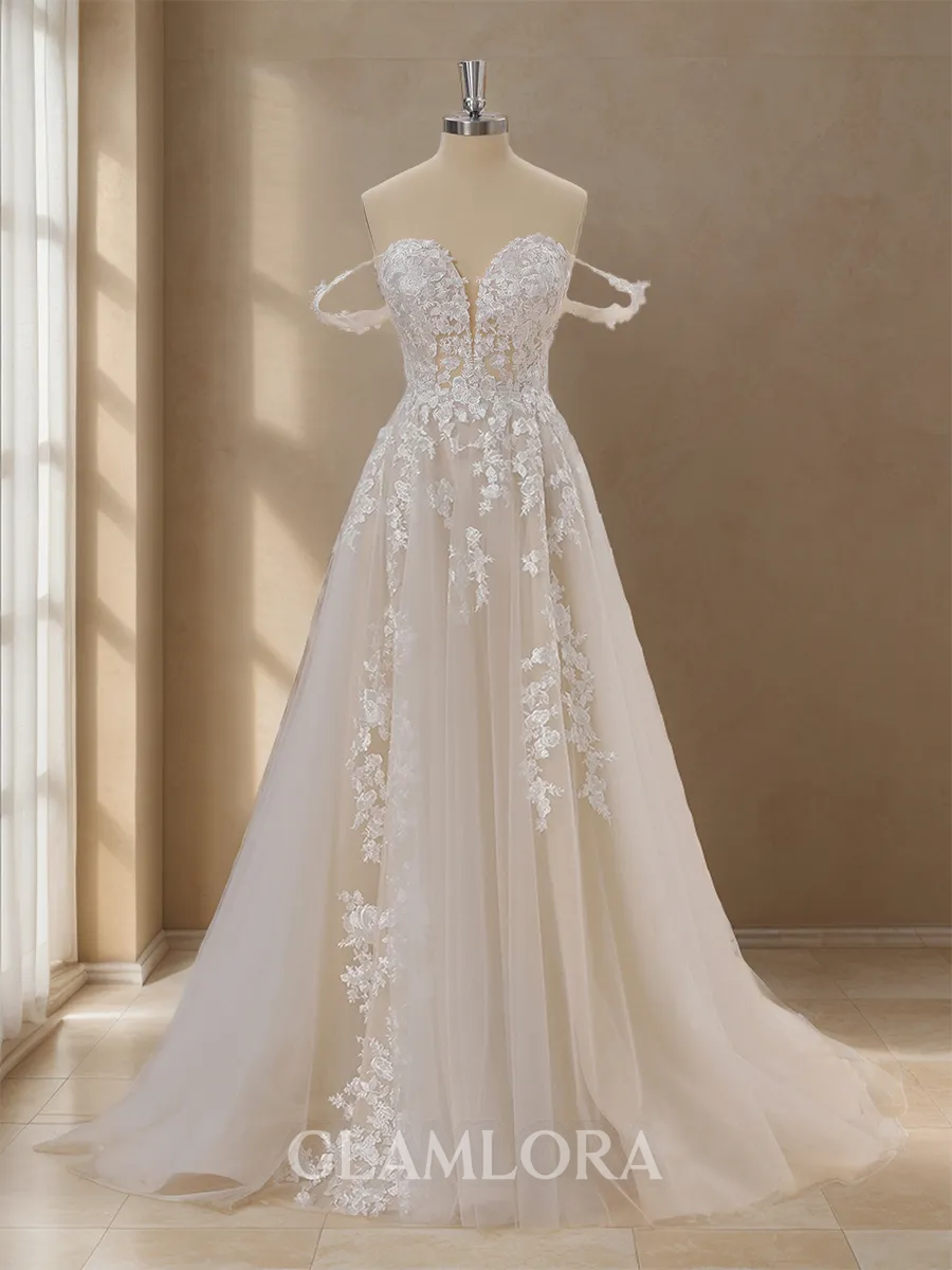 A-line Chic Off-the-Shoulder Tulle Chapel Train Wedding Dress With Slit
