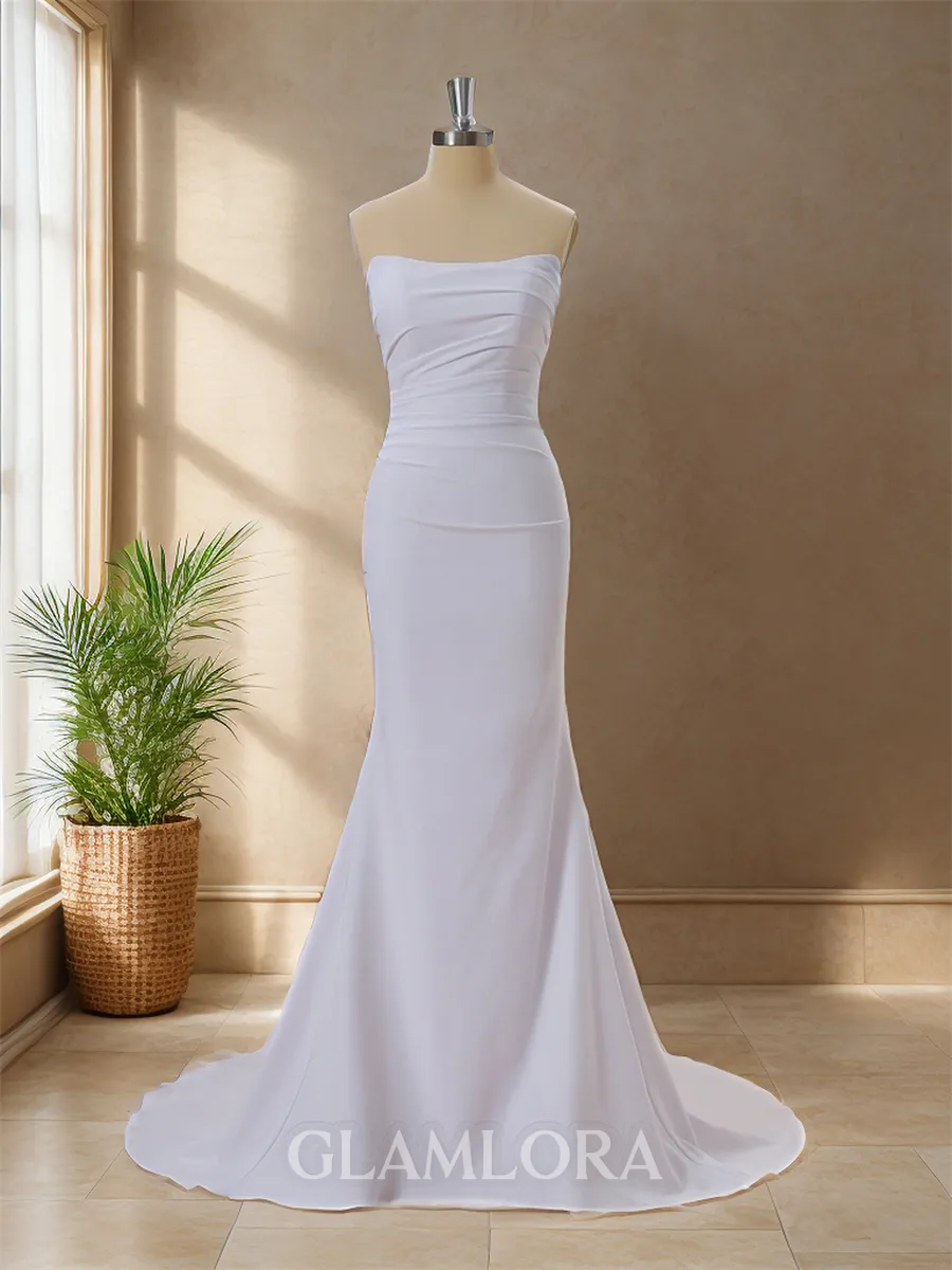 Stylish Sheath/Column Straight Stretch Crepe Court Train Wedding Dress With Pleated