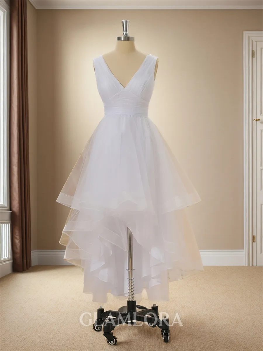 Princess A-line V-neck Asymmetrical Tulle Wedding Dress With Pleated
