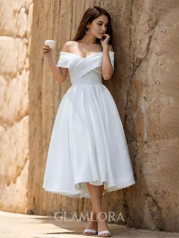 Perfect A-line Off-the-Shoulder Tea-Length Satin Wedding Dress With Pleated