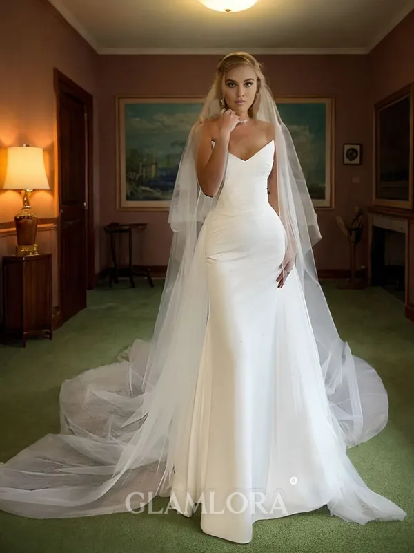 Sheath/Column Unique V-neck Chapel Train Stretch Crepe Wedding Dress With Pleated