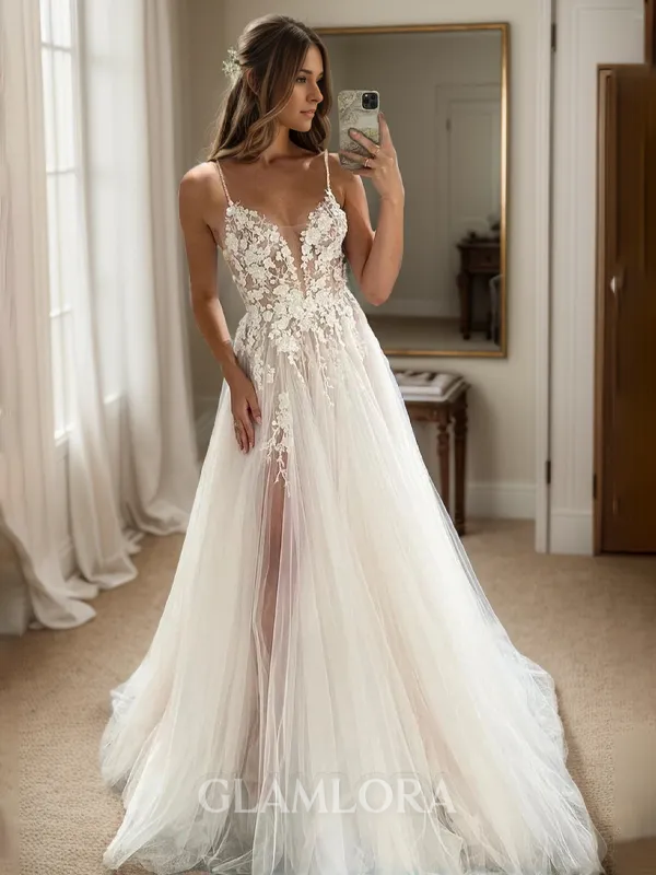 Exquisite A-line Spaghetti Straps Sweep Train Tulle Wedding Dress With Appliques Lace