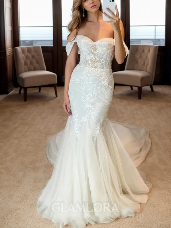 Splendid Sheath/Column Off-the-Shoulder Chapel Train Tulle Wedding Dress With Appliques Lace
