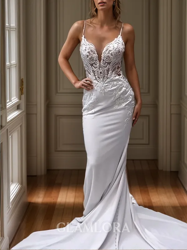 Sheath/Column Graceful V-neck Cathedral Train Stretch Crepe Wedding Dress With Appliques Lace