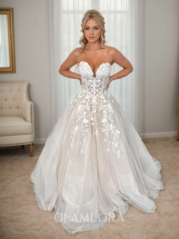 A-line Grand Sweetheart Chapel Train Tulle Corset Wedding Dress With Appliques Lace