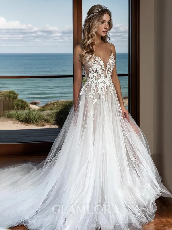 Breathtaking A-line V-neck Chapel Train Tulle Wedding Dress With Appliques Lace