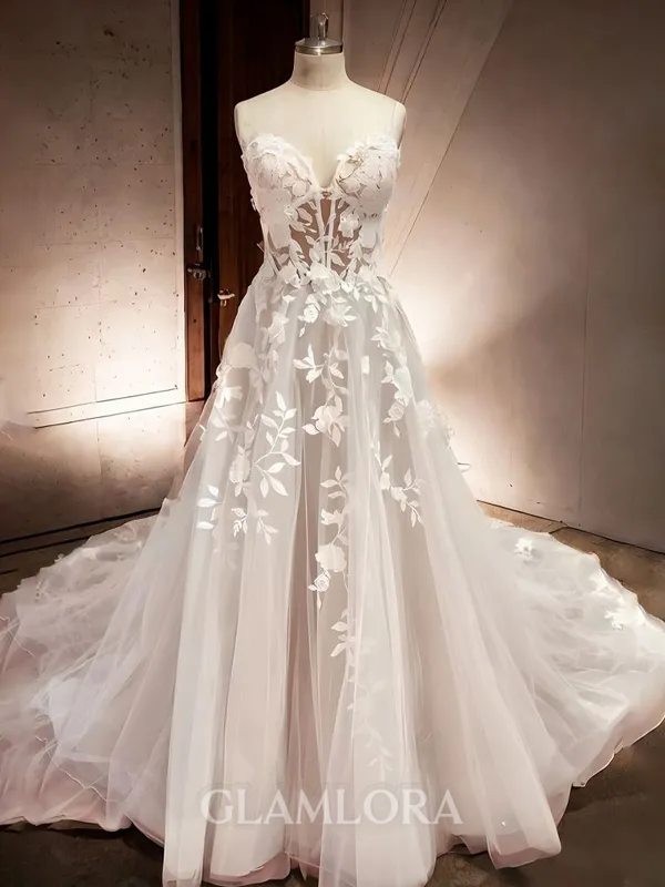 A-line Elegant Sweetheart Cathedral Train Tulle Corset Wedding Dress With Appliques Lace