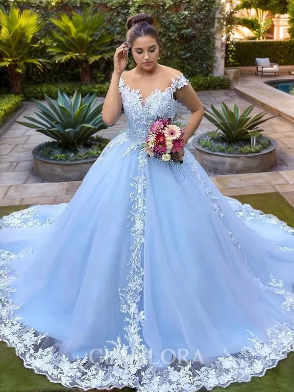 Gorgeous Ball-Gown Scoop Cathedral Train Tulle Wedding Dress With Appliques Lace