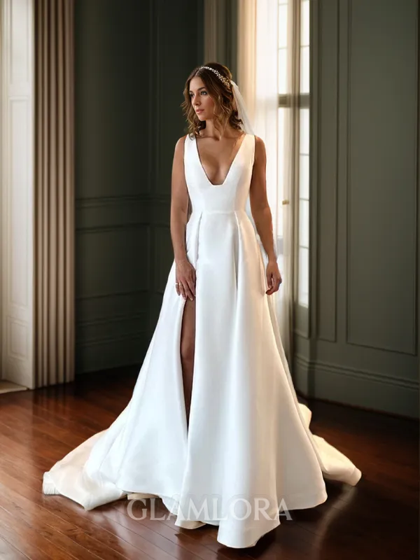 A-line Charming V-neck Court Train Satin Wedding Dress With Slit
