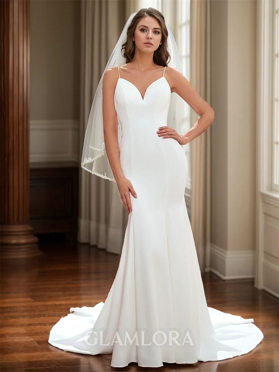 Sheath Elegant V-neck Chapel Train Stretch Crepe Wedding Dress With Bow