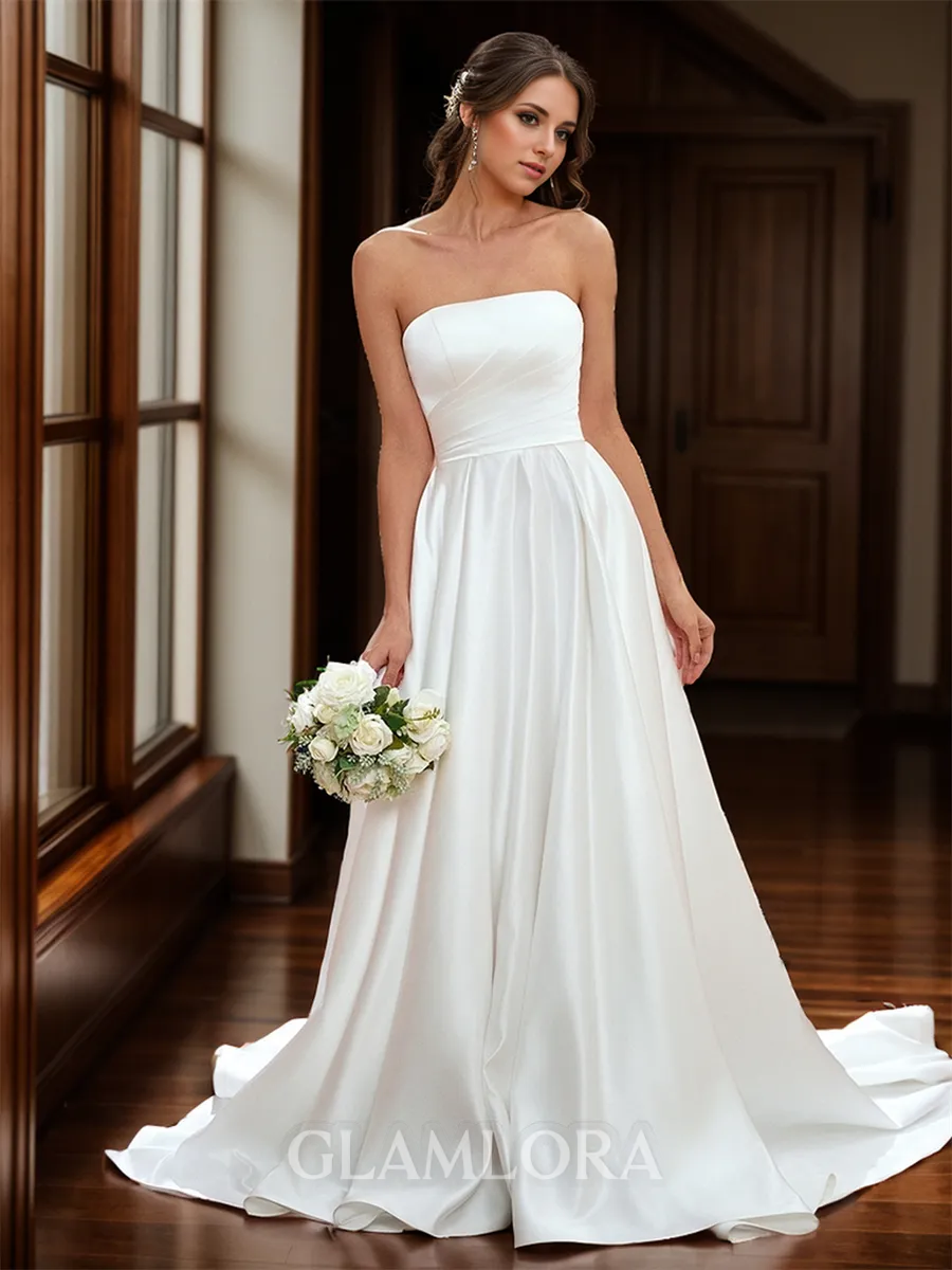 A-line Graceful Straight Chapel Train Satin Wedding Dress With Pleated