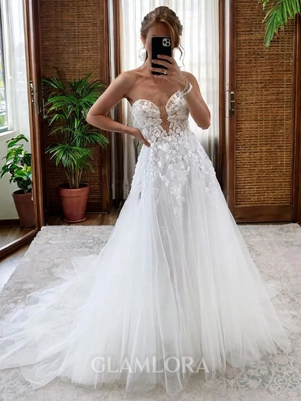 Princess A-line Sweetheart Chapel Train Tulle Corset Wedding Dress With Appliques Lace