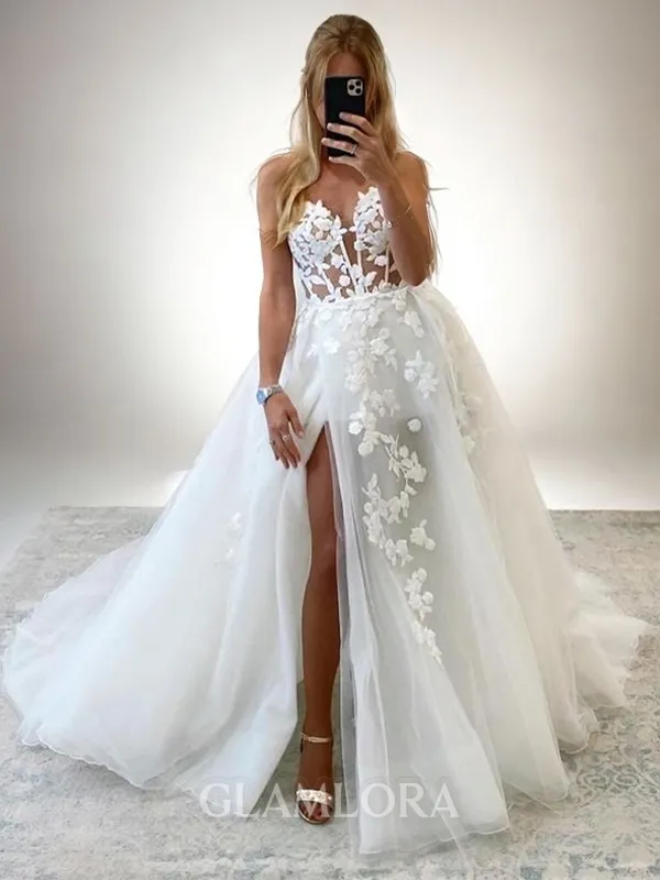 A-line Elegant Sweetheart Chapel Train Tulle Corset Wedding Dress With Slit