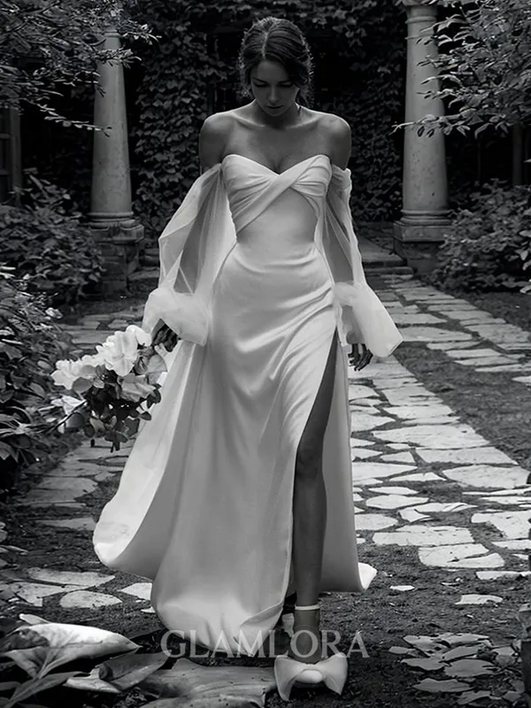 Sheath/Column Tight Off-the-Shoulder Long Sleeves Court Train Jersey Wedding Dress With Slit