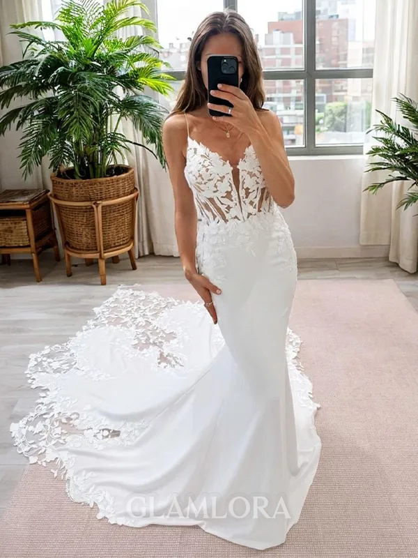 Fitted Trumpet/Mermaid V-neck Cathedral Train Stretch Crepe Wedding Dress With Appliques Lace