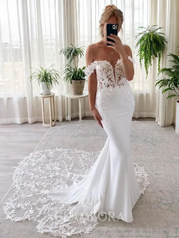 Trumpet/Mermaid Curvaceous Off-the-Shoulder Cathedral Train Stretch Crepe Corset Wedding Dress With Appliques Lace