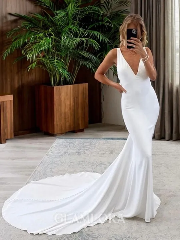 Trumpet/Mermaid Dramatic V-neck Cathedral Train Charmeuse Wedding Dress With Pleated