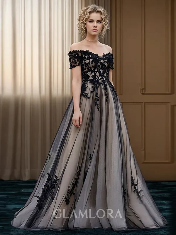 A-line Charming Off-the-Shoulder Short Sleeves Floor-Length Tulle Black Wedding Dress With Appliques Lace