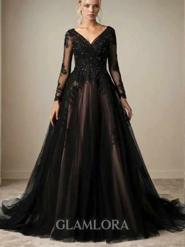 Princess A-line V-neck Long Sleeves Court Train Tulle Black Wedding Dress With Appliques Lace