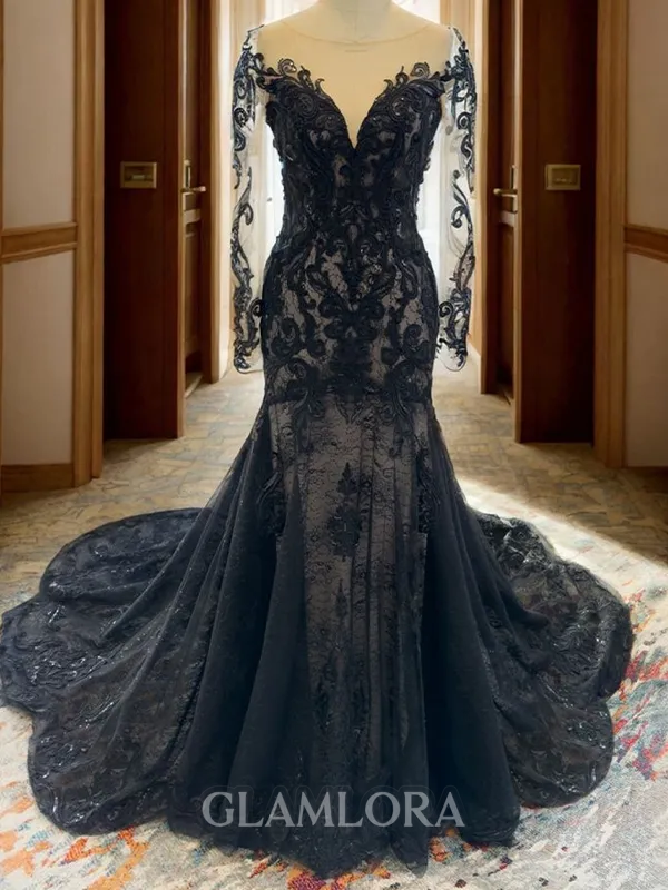 Trumpet/Mermaid Alluring Bateau Long Sleeves Cathedral Train Tulle Black Wedding Dress With Appliques Lace