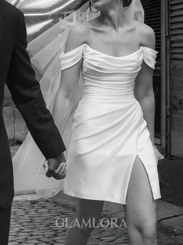 Sheath/Column Bodycon Off-the-Shoulder Short/Mini Charmeuse Wedding Dress With Slit